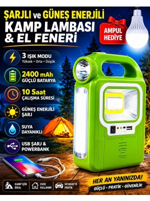 Powermaster Solar Işıldak Fener Güneş Enerjili ve USB Şarj Lamba Kamp Güç Kaynağı Yeşil