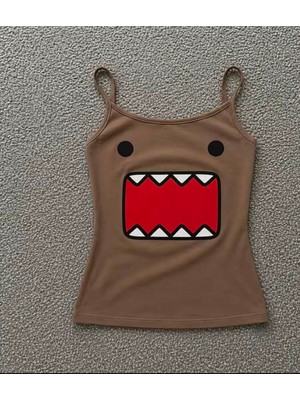 Moonstyle Collection Domo Kunn Kahverengi Street Y2K Tam Boy Askılı Bluz