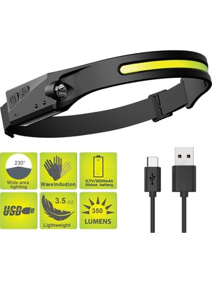 Ozkr Store PS-001 5 Aydınlatma Modlu Cob LED Sensörlü USB Şarj  Edilebilir Dahili Pilli Kafa Lambası