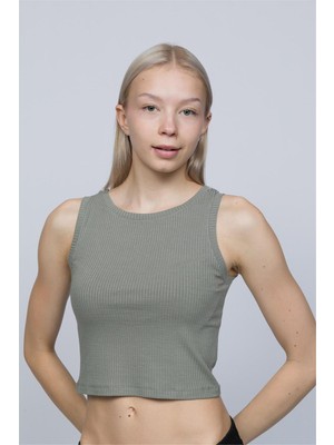 Obje Kadın Haki Halter Yaka Crop