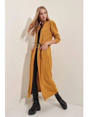 Onno Style Standart Beden Uzun Triko Fitilli Kadın Ceket