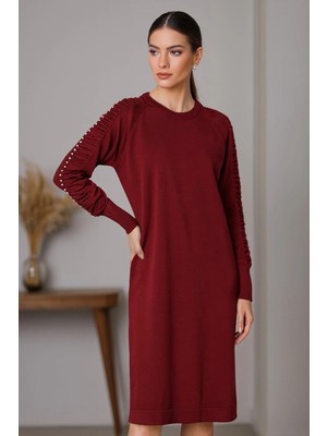 Onno Style Triko Kolu Taşlı Elbise Bordo