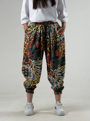 Cocopelli Etnik Desenli Bürümcük Pileli Kadın Jogger Pantolon COC3306