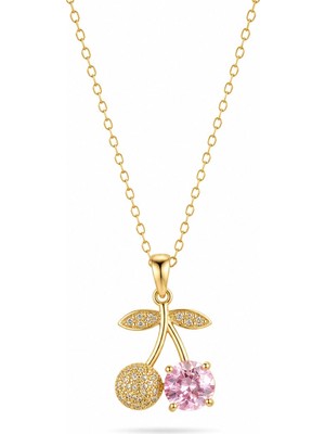 Serelya 316L Çelik Zincir Gold Renk Pembe Kiraz Model Kolye