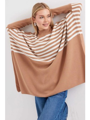 Onno Style Çizgili Standart Beden Triko Panço