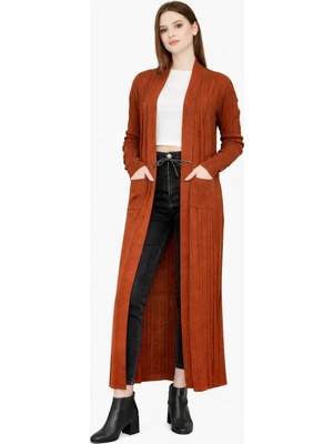 Onno Style Standart Beden Uzun Triko Fitilli Kadın Ceket