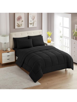 Sweet Home Collection Düz Renk Yorgan ve Çarşaf Seti, Polyester, Siyah, Tam
