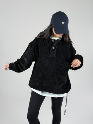 Cocopelli Kadife Dokulu Siyah Oversize Kapüşonlu Kadın Sweatshirt COC1186