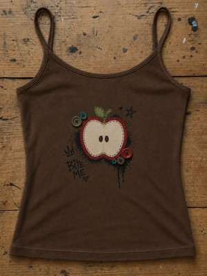 Moonstyle Collection Apple Bite Me Kahverengi Street Harajuku Street Y2K Vintage Düğme Baskılı Askılı Tam Boy Bluz