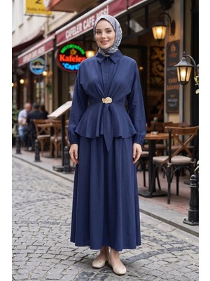 Modestim Kadın Lacivert Gömlek Yaka Gizli Fermuarlı Cupro Kumaş Tunik Etek Takım Trend Tesettür Giyim Tesettür Takım