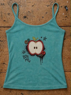 Moonstyle Collection Apple Bite Me Turkuaz Street Harajuku Street Y2K Vintage Düğme Baskılı Askılı Tam Boy Bluz