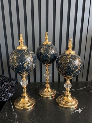 Volix Dizayn 3’lü Mavi Gold Dekoratif Küre Obje Seti – Lüks Mermer Desenli Salon, Tv Ünitesi, Konsol ve Ofis Dekor Aksesuarı