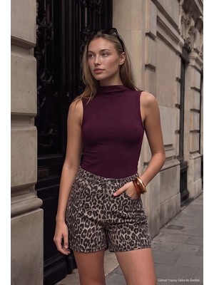 It's Basic Kadın Leopar 1W6-26 Midi Relax Fit Denim Şort