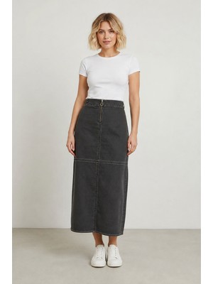 Bihan Store Önü Fermuarlı Yüksek Bel Denim Maxi Etek Y25-7581-FÜME