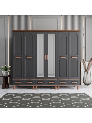 Monzio Otto 6 Kapaklı Çekmeceli Gardırop Tamamı Mdf (Antrasit)