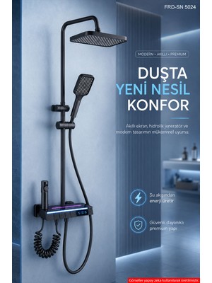 Piyano Tuşlu Dijital Duş Seti — Freddo 4 Fonksiyonlu LED Ambiyans Işıklı Termostatik Akıllı Duş Seti, Yağmurlama Tepe Duş + El Duşu + Banyo Bataryası (Antrasit) Frd-Sn 5024