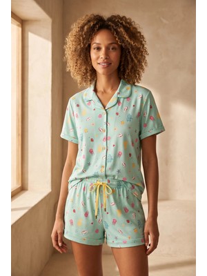 Kadın Sea La Vie Denizaltı Desenli Düğmeli Pijama Takımı Mavi