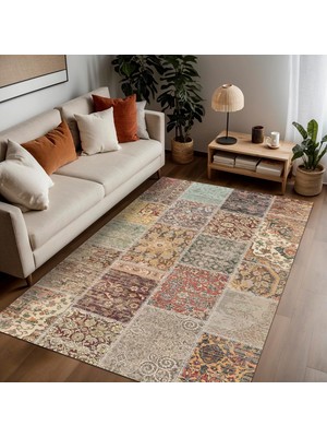 Zemira Latte Dizayn Nadine Patchwork Desenli Şönil Pamuk Tabanlı Yıkanabilir Kaymaz Antibakteriyel Salon H