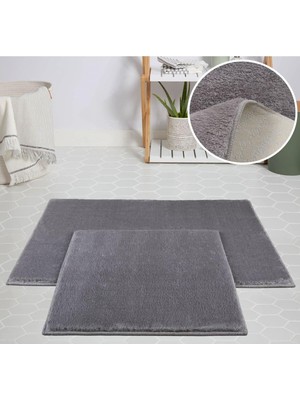 Zemira My Evilla Dekoratif Halı Jel Kaymaz Taban Peluş Gri Paspas Takımı 60X100