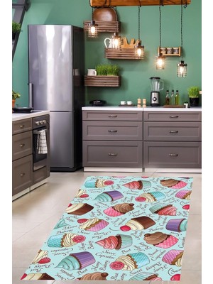 Zemira Pelangi Cupcake Tatlı Desenli Dijital Baskılı Kaymaz Taban Yıkanabilir Tutmaz Mutfak Halısı, T