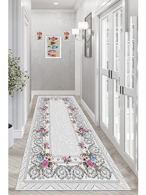 Zemira Pelangi Gül Desenli Çerçeveli Dijital Baskı Yıkanabilir Kaymaz Taban Salon Halı Yolluk, M