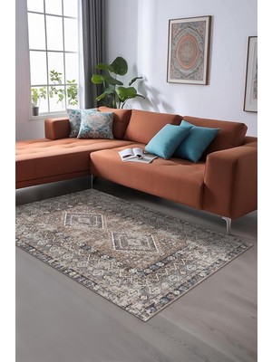 Zemira Crest Desenli Şönil Pamuk Tabanlı Yıkanabilir Kaymaz Antibakteriyel Salon Halısı 200X250