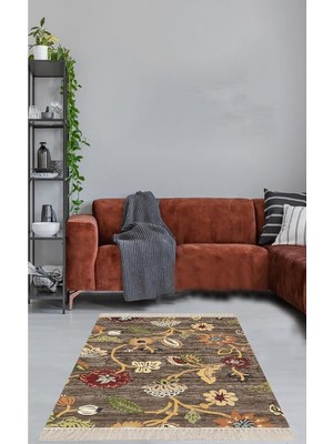 Zemira Pelangi Osmanlı Motifi Çiçek Desen Dijital Baskı Yıkanabilir Salon Halısı Yolluk, Kahvere