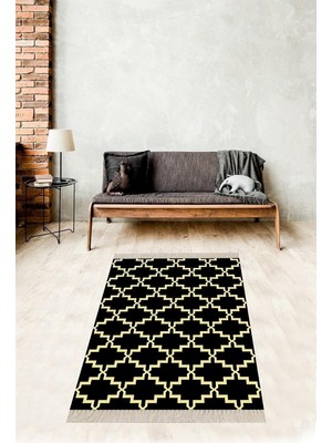 Zemira Pelangi Geometrik Gold Karo Desenli Dijital Baskı Yıkanabilir Kaymaz Taban Salon Halısı, Gol