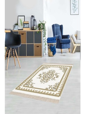 Zemira Pelangi Osmanlı Desen Göbekli Dijital Baskı Yıkanabilir Salon Halısı Yolluk, Bej 160 x 30