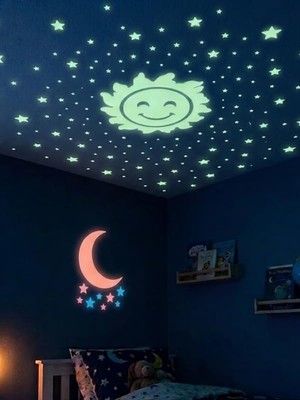 Zemira Güneş Ay Figürlü Renkli Yıldızlı Fosforlu Duvar Süsü Gece Parlayan