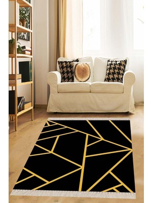 Zemira Pelangi Gold Çizgili Siyah Geometrik Desenli Dijital Baskı Yıkanabilir Salon Halı Yolluk,