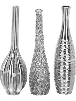 Zemira Deco 79 Değişen Desenli Seramik Tomurcuk Vazosu, 3'lü Set 3 "w, 12" H, Gümüş