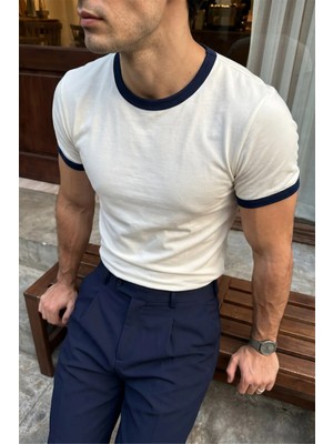 Livio Ferri Wour Erkek %100 Pamuk Premium Bisiklet Yaka Tişört Kontrast Yaka Kol, Fit Kalıp