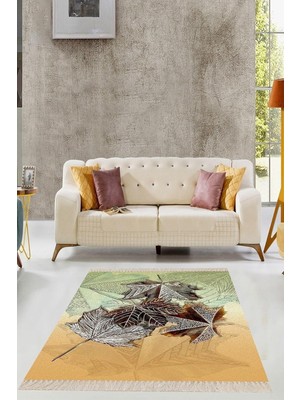 Zemira On The Clouds Yaprak Desenli Dijital Baskı Yıkanabilir Kaymaz Taban Salon Halısı Yolluk M