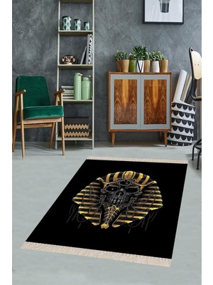 Zemira Pelangi Antik Mısır Kurukafa Desenli Dijital Baskı Yıkanabilir Salon Halı, Gold-Siyah 180 x 280