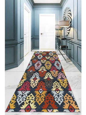 Zemira Pelangi Kilim Desenli Etnik Dijital Baskı Yıkanabilir Salon Halı Yolluk, 80 x 500, 9