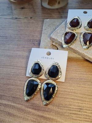 Jewelry Siyah Taşlı Gold Çerçeve Tasarım Kadın Çelik Küpe