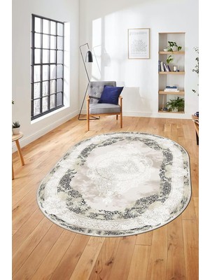 Zemira Baskılı Kaymaz Taban Yıkanabilir Çerçeveli Klasik Desen Oval Mutfak Salon Halısı O-Klasi̇k-01, Vizon