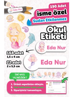 Msticker Okul Etiketi Kalem Defter Isimli Etiket Isim Yazılabilen Deniz Kızı - 190 Adet Özel Tasarım Etiket