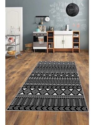 Zemira Pelangi Geometrik Etnik Çizgi Desenli Siyah Beyaz Dijital Baskı Yıkanabilir Kaymaz Taban Sal