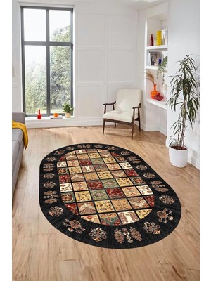 Zemira Yeni Etnik Desen Kaymaz Taban Yıkanabilir Oval Yolluk Mutfak Salon Koridor Halısı O-Etni̇k-18, Antra