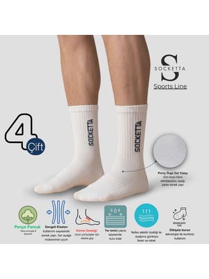 Socketta 4'lü Beyaz Erkek Spor Havlu Taban Kısa Konç Tenis Çorabı - Premium