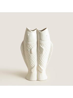 Chakra Çift Balık Figürlü Beyaz Stoneware Vazo Natural