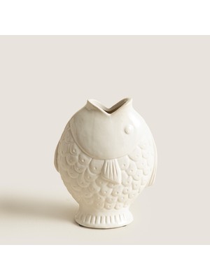 Chakra Balık Formlu Beyaz Stoneware Vazo Geniş Form Natural