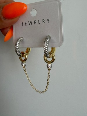 Jewelry Gold Zincir Detaylı Zirkon Taşlı Halka Kadın Küpe