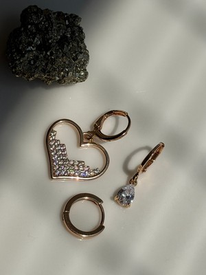 Shesra Rose Gold 3'lü Kalp Figürlü Küpe Seti | Zirkon Taşlı Halka Kadın Küpe