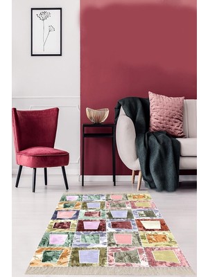 Zemira Pelangi Kırkyama Patchwork Desenli Etnik Dijital Baskı Yıkanabilir Kaymaz Taban Salon Halı Yollu