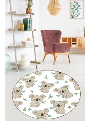 Zemira Pelangi Koala Desenli Tropikal Dijital Baskı Yıkanabilir Kaymaz Taban Yuvarlak Salon Hol Halısı,