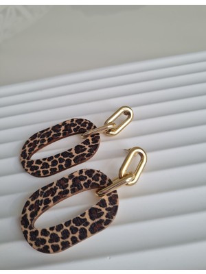 Jewelry Leopar Desen Oval Form Gold Detaylı Küpe