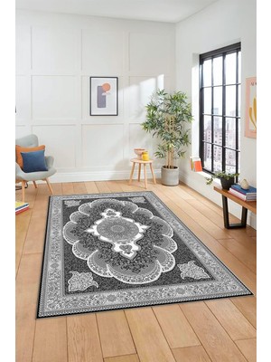 Zemira Dijital Kaymaz Taban Yıkanabilir Çerçeveli Göbekli Klasik Desen Salon Halısı Klasi̇k-02, Gri, 80 x 3